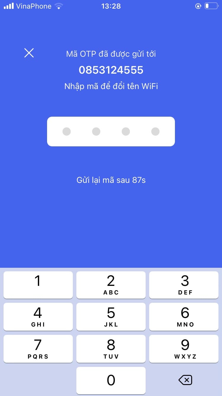 Nhập mã OTP gửi về hoàn tất đổi tên wifi